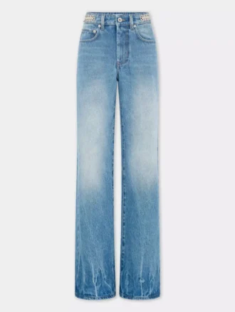 Ausgestellte Jeans mit 1969-Scheiben verziert