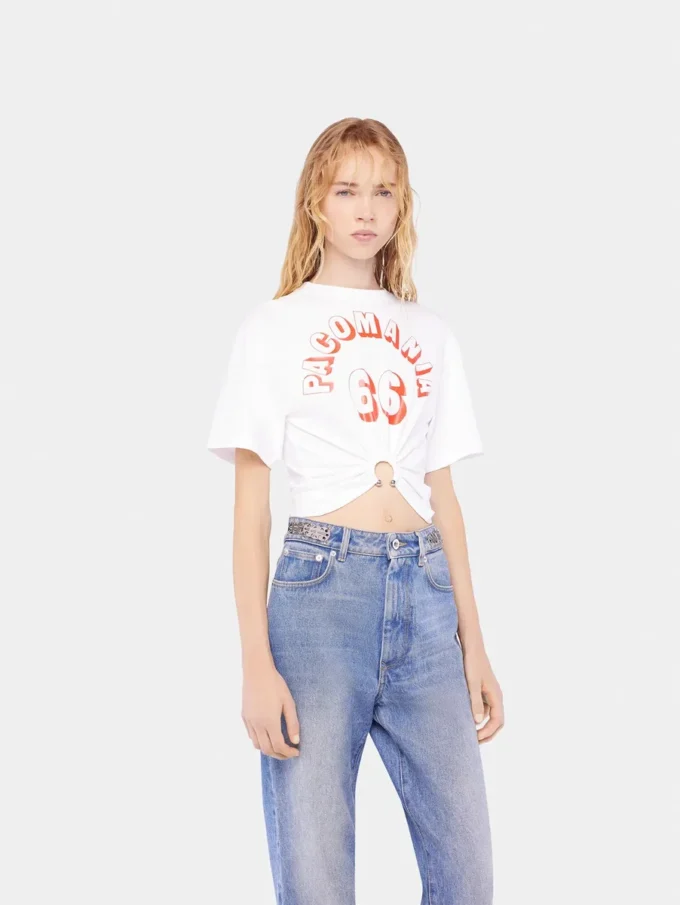 Bedrucktes Baumwoll-T-Shirt mit Piercing-Detail