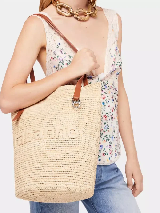 Beigefarbene Raffia-Tasche mit Logo