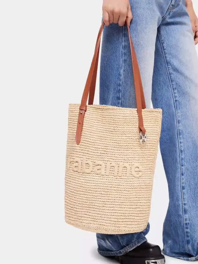 Beigefarbene Raffia-Tasche mit Logo