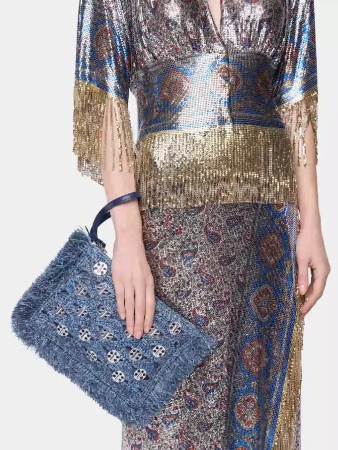 Beutel aus blauem Denim-Raffia