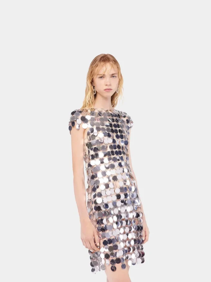 Das ikonische silberne Sparkle-Kleid mit Scheiben Das ikonische silberne Sparkle-Kleid mit Scheiben