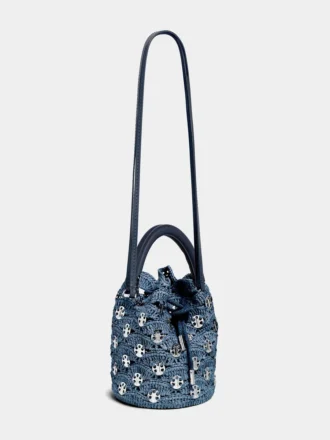 Denimblaue Raffia-Beuteltasche
