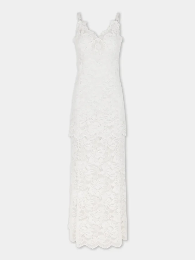 Elfenbeinfarbenes langes Kleid aus Spitze