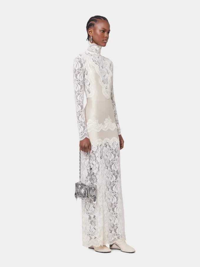 Elfenbeinfarbenes langes Kleid aus Spitze und Jersey
