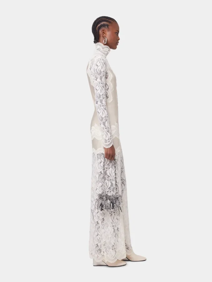 Elfenbeinfarbenes langes Kleid aus Spitze und Jersey