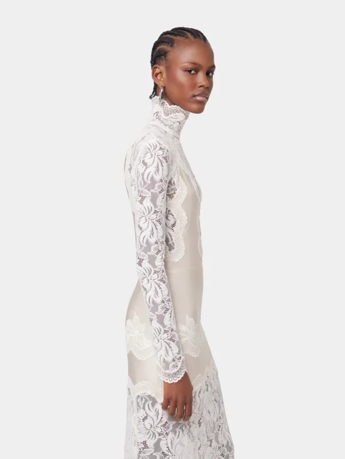 Elfenbeinfarbenes langes Kleid aus Spitze und Jersey