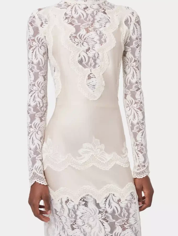 Elfenbeinfarbenes langes Kleid aus Spitze und Jersey
