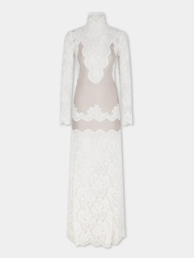 Elfenbeinfarbenes langes Kleid aus Spitze und Jersey