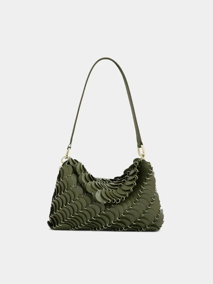 Khaki-farbene Paco-Schultertasche aus Kalbsleder