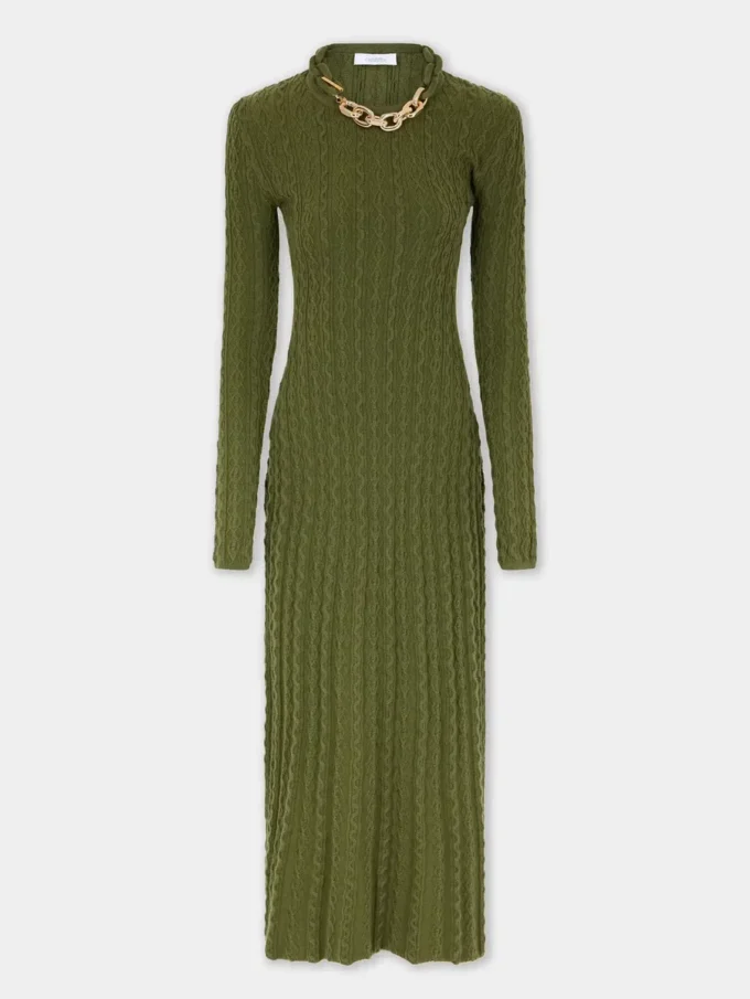 Khakifarbenes langes Kleid aus Wolle
