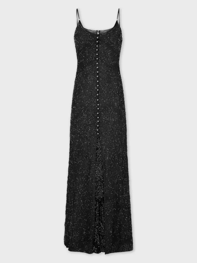 Langes Kreppkleid mit Perlenstickerei