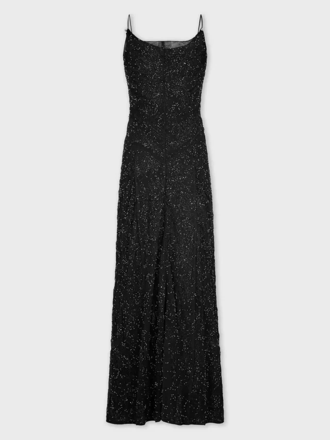 Langes Kreppkleid mit Perlenstickerei