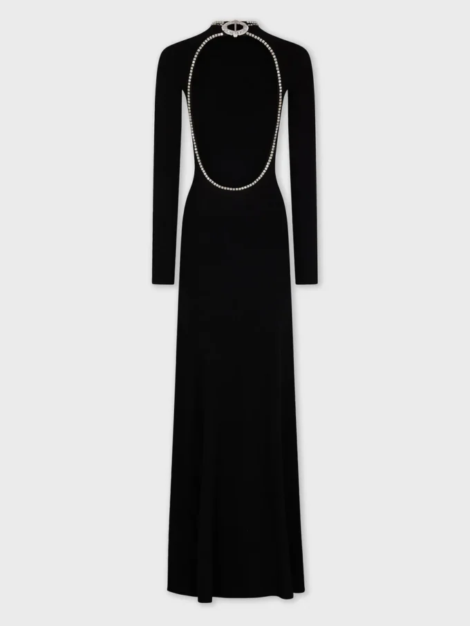 Langes, rückenfreies Strickkleid mit Stickereien