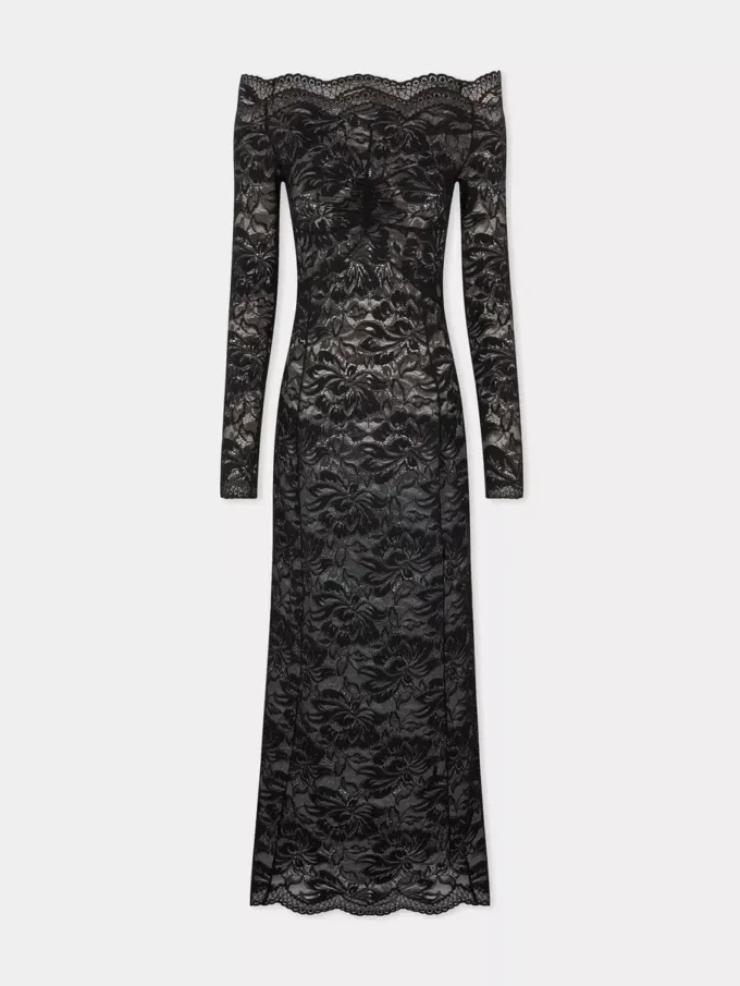 Langes schwarzes Spitzenkleid mit Bardot-Ausschnitt