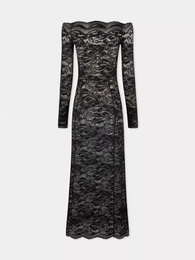 Langes schwarzes Spitzenkleid mit Bardot-Ausschnitt