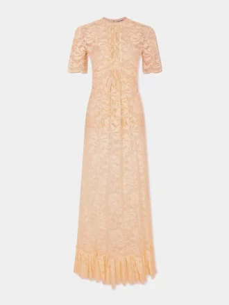 Langes Spitzenkleid in Raffiafarbe