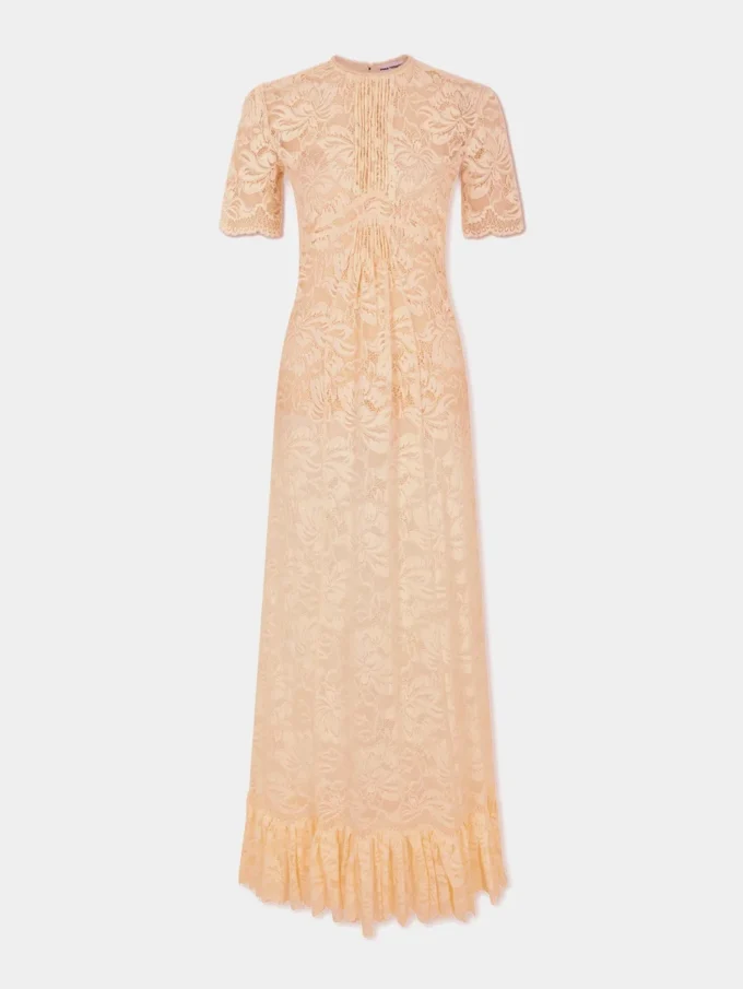 Langes Spitzenkleid in Raffiafarbe