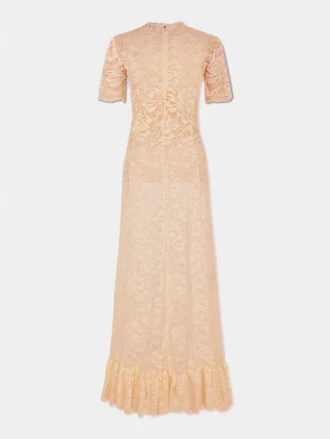 Langes Spitzenkleid in Raffiafarbe