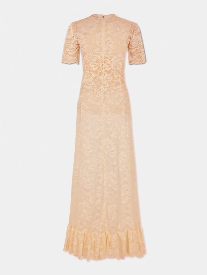 Langes Spitzenkleid in Raffiafarbe
