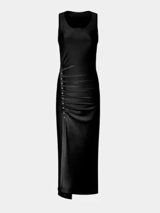 Ärmelloses schwarzes Kleid mit Drapierung und Druckknöpfen