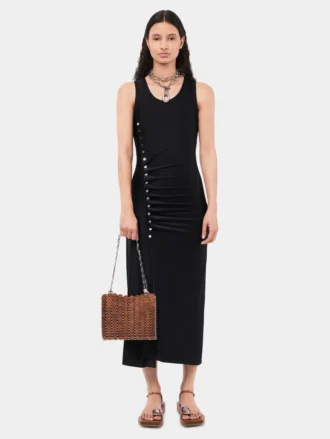 Ärmelloses schwarzes Kleid mit Drapierung und Druckknöpfen