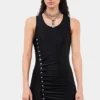 Ärmelloses schwarzes Kleid mit Drapierung und Druckknöpfen