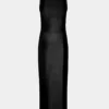Ärmelloses schwarzes Kleid mit Drapierung und Druckknöpfen