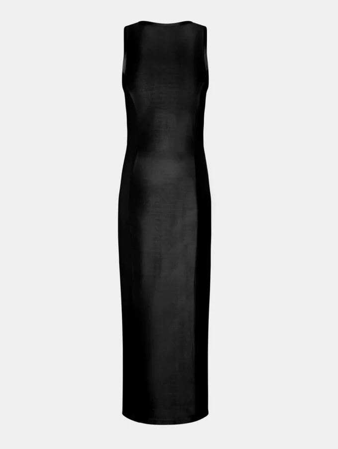 Ärmelloses schwarzes Kleid mit Drapierung und Druckknöpfen