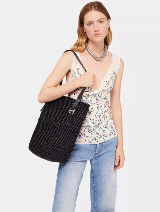 Schwarze Raffia-Tasche mit Logo