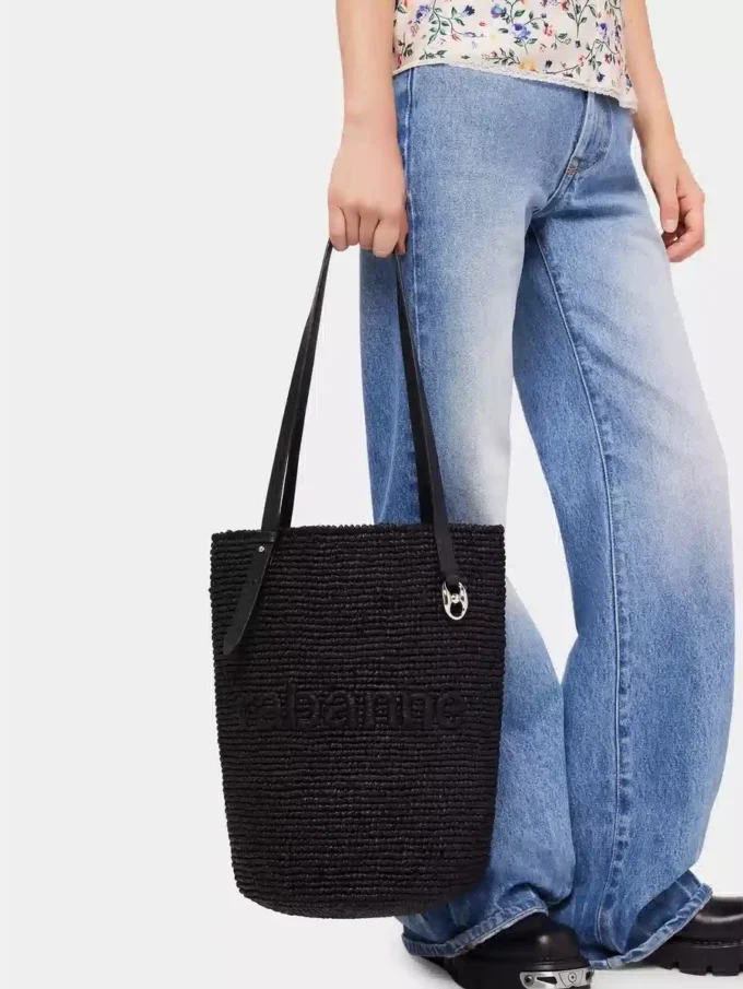 Schwarze Raffia-Tasche mit Logo
