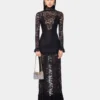 Schwarzes langes Kleid aus Spitze und Jersey