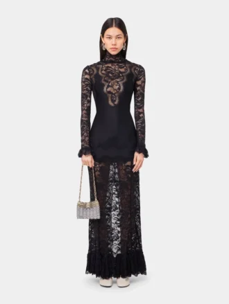 Schwarzes langes Kleid aus Spitze und Jersey