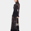Schwarzes langes Kleid aus Spitze und Jersey