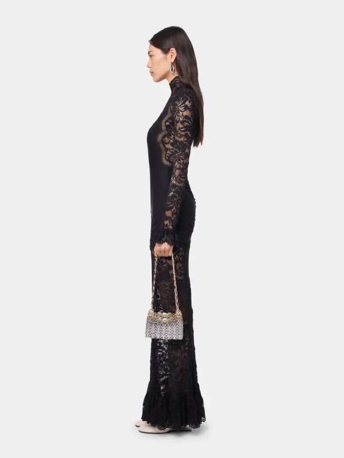 Schwarzes langes Kleid aus Spitze und Jersey