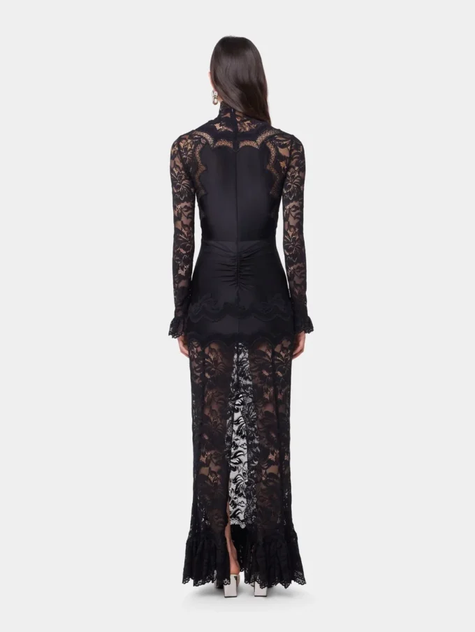 Schwarzes langes Kleid aus Spitze und Jersey