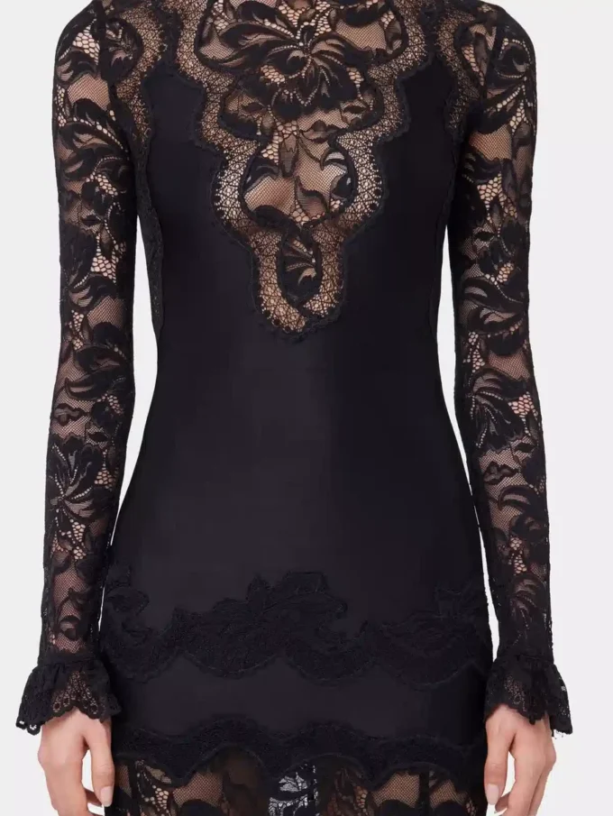 Schwarzes langes Kleid aus Spitze und Jersey