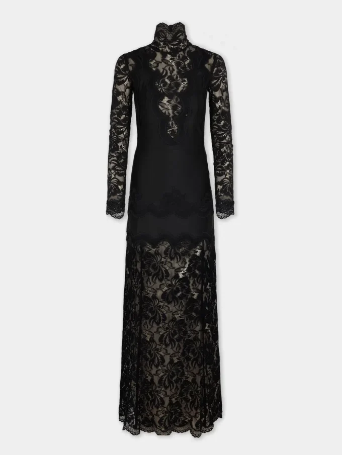 Schwarzes langes Kleid aus Spitze und Jersey