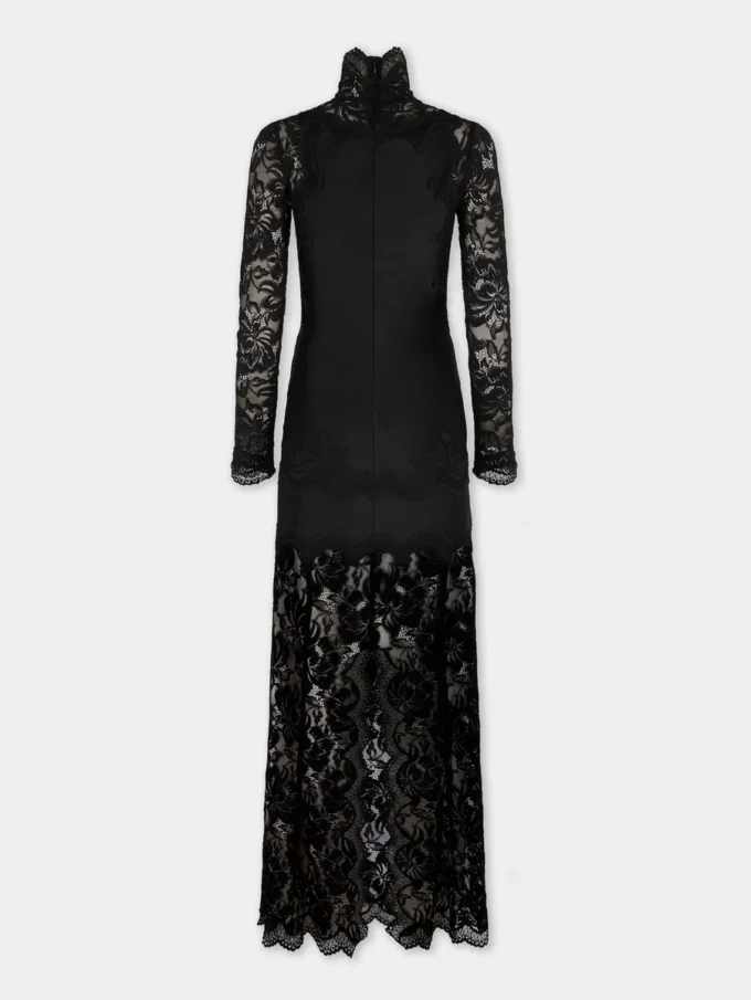 Schwarzes langes Kleid aus Spitze und Jersey