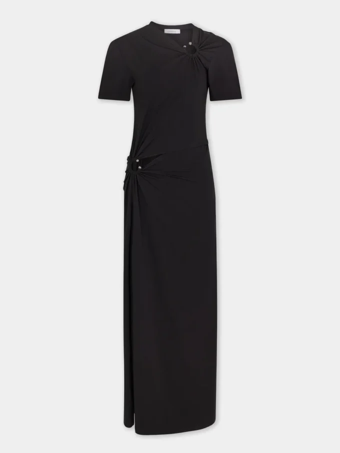 Schwarzes langes Piercing-Kleid aus Baumwolljersey