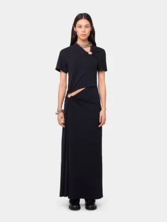 Schwarzes langes Piercing-Kleid aus Baumwolljersey