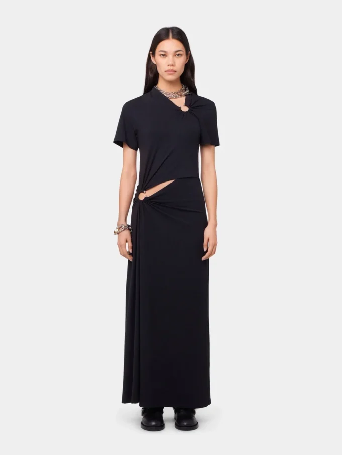 Schwarzes langes Piercing-Kleid aus Baumwolljersey