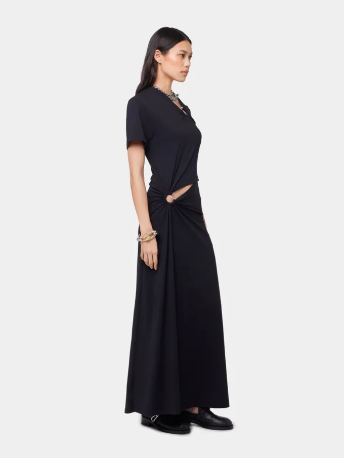Schwarzes langes Piercing-Kleid aus Baumwolljersey