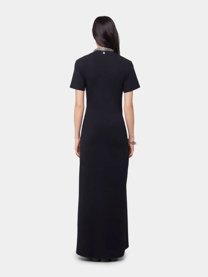 Schwarzes langes Piercing-Kleid aus Baumwolljersey
