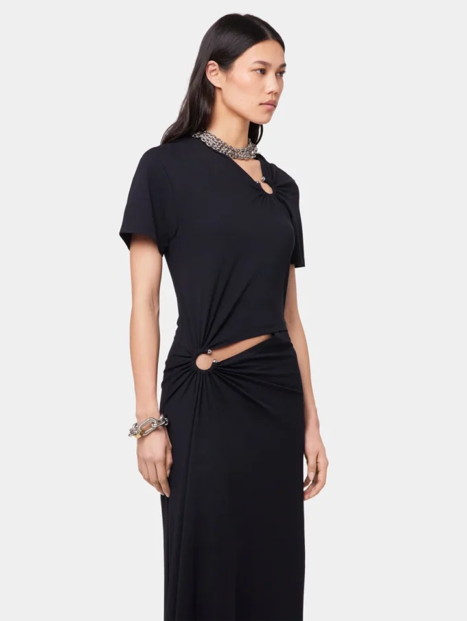 Schwarzes langes Piercing-Kleid aus Baumwolljersey