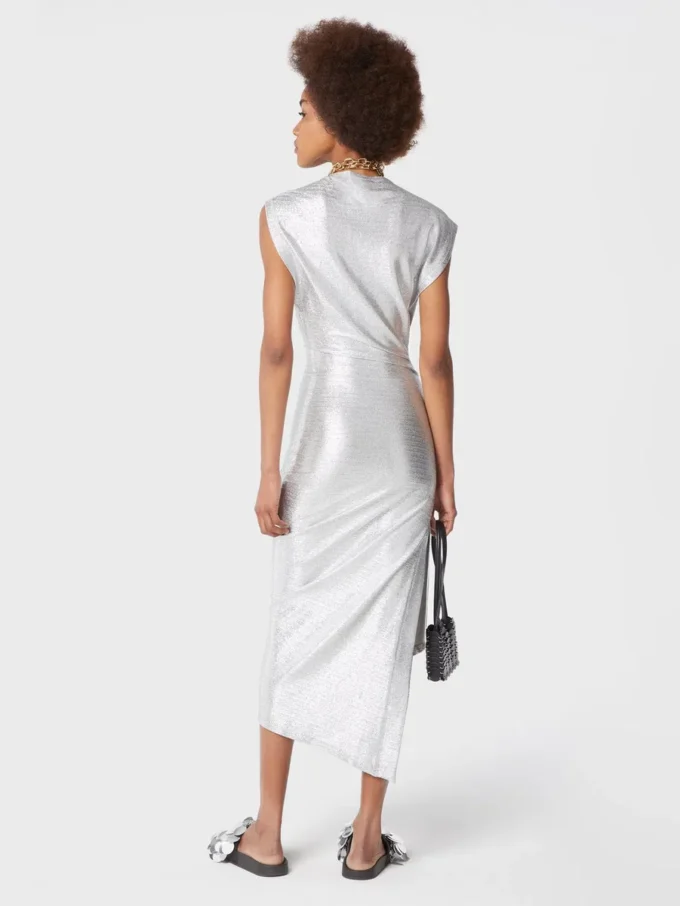 Silbernes Drapé-Pression-Kleid aus Lurex Silbernes Drapé-Pression-Kleid aus Lurex