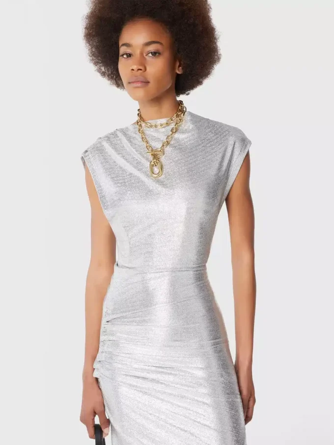 Silbernes Drapé-Pression-Kleid aus Lurex Silbernes Drapé-Pression-Kleid aus Lurex
