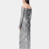 Silbernes langes Kleid aus Spitze