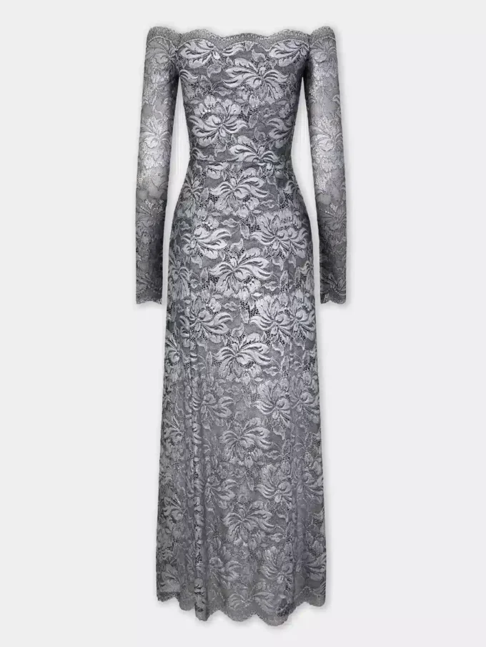Silbernes langes Kleid aus Spitze