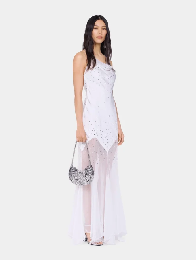Weißes, ärmelloses, langes Kleid aus Musselin und Satin